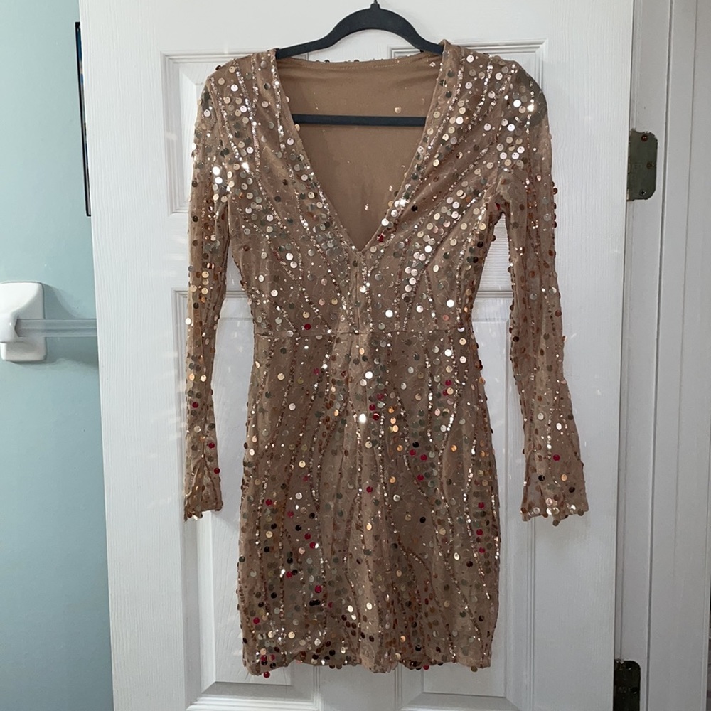 Sequined long-sleeve dress. Deep V front. Nude color mesh base. Very pretty!
